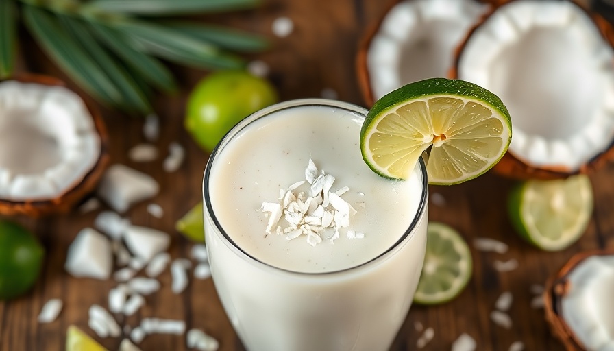 Refreshing Creamy Coconut Lime Smoothie on wooden surface.