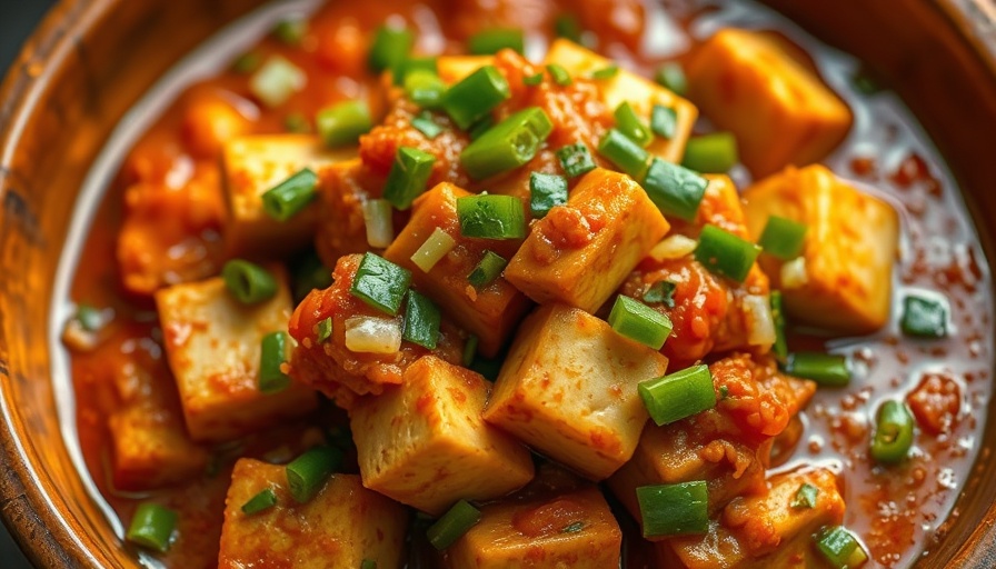 Indian tofu with garlicky tomato gravy garnished with peppers and onions.