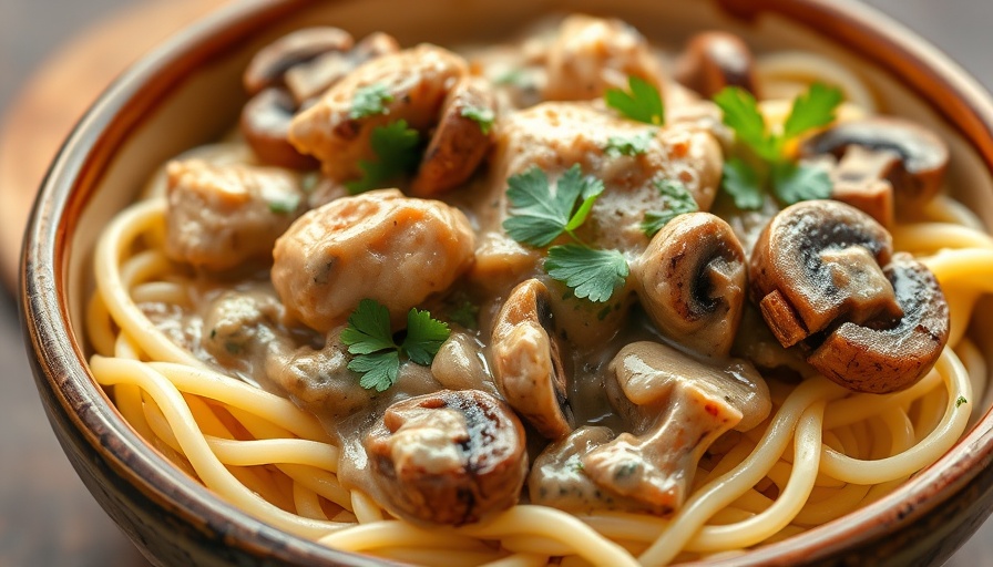 Delicious Chicken Stroganoff with mushrooms served over egg noodles.