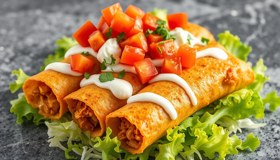 Healthy Chicken Taquitos on plate with lettuce and toppings.