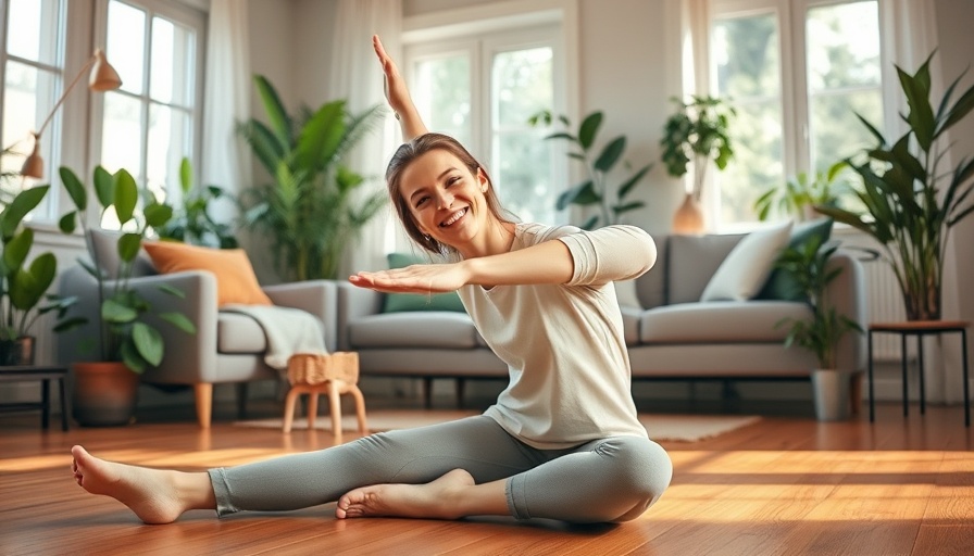 Woman doing hip flexor stretch for lower back pain relief, living room setting.