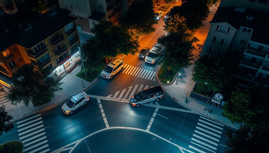 Night aerial view of urban street with bus and police cars, Southern California.