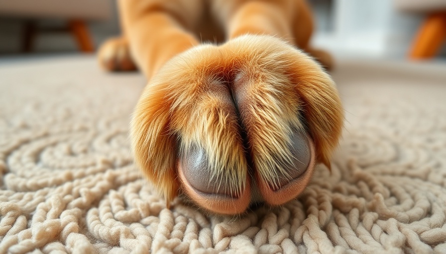 Close-up of dog's paw with knuckling on carpet, showing bent toes.