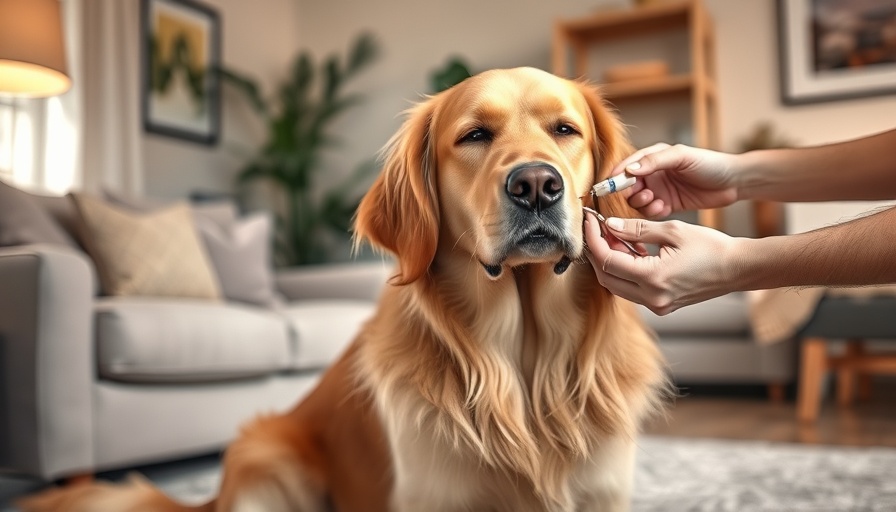 Calm golden retriever receiving Sileo for Dogs in living room.