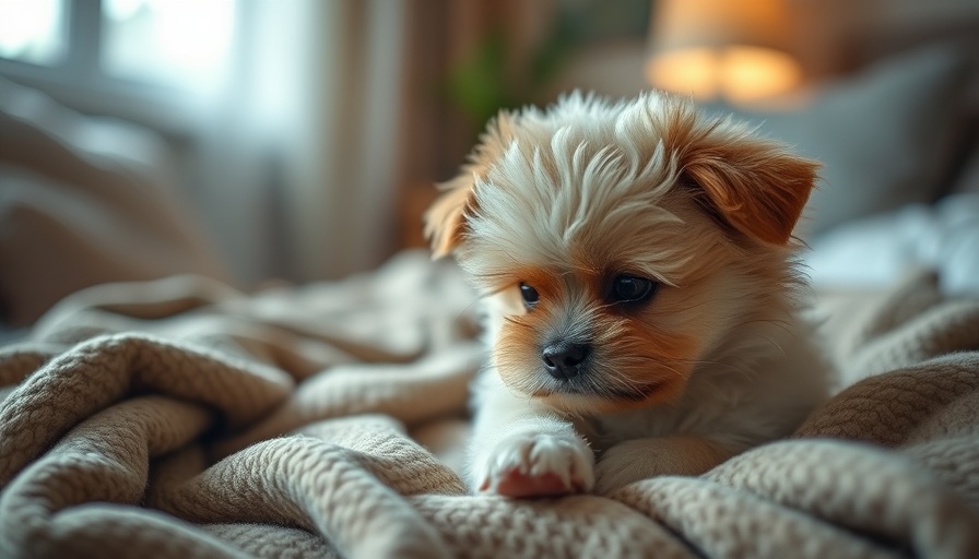 Fluffy dog lying on blanket with elevated paw, cozy soft light.