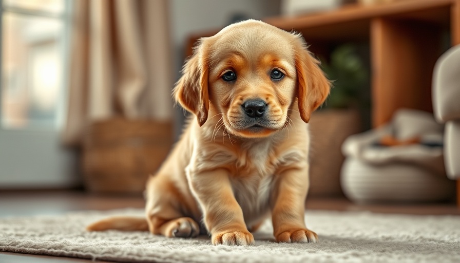 Golden retriever puppy indoors in cozy home setting.