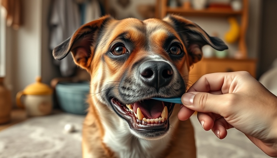 Uncooperative dog having teeth brushed playfully.