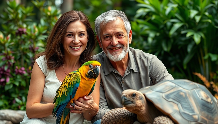 Middle-aged couple with parrot and tortoise in garden.