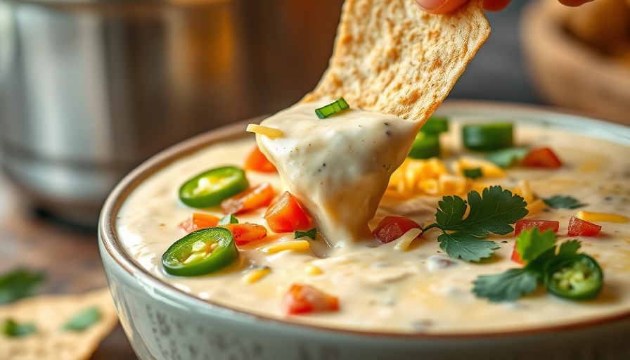 Creamy cottage cheese queso dip with crisp tortilla chip.