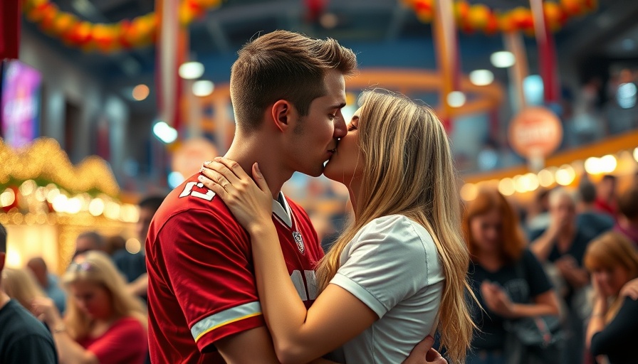 Taylor Swift and Travis Kelce engagement kiss in a joyful crowd.