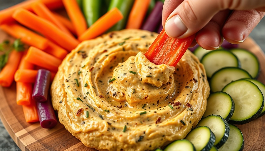 Close-up of roasted zucchini dip with vegetables and dill.