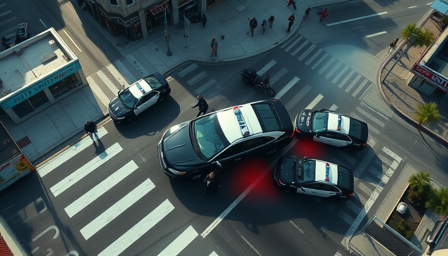 Aerial view of police vehicles in stolen car chase in Los Angeles.