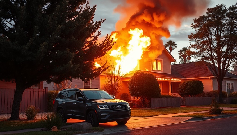 Fire Safety Awareness Pasadena: Smoke billowing from a house fire near a garage and SUV.