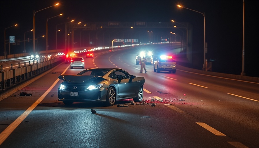 Crashed car scene highlighting road safety at night, emergency presence.