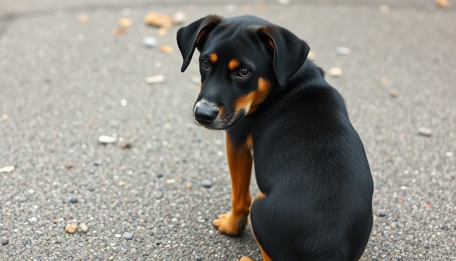 Dog with paraphimosis sitting on pavement looking back.