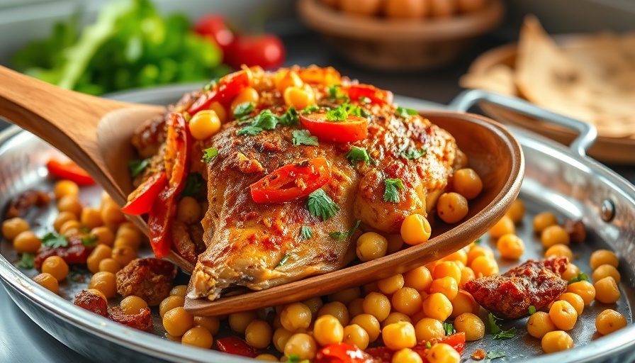Oven-roasted one-pan chicken shawarma with chickpeas and veggies.