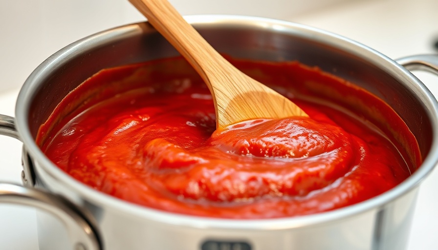 Lightened-up tomato sauce recipe in a saucepan with a wooden spoon.