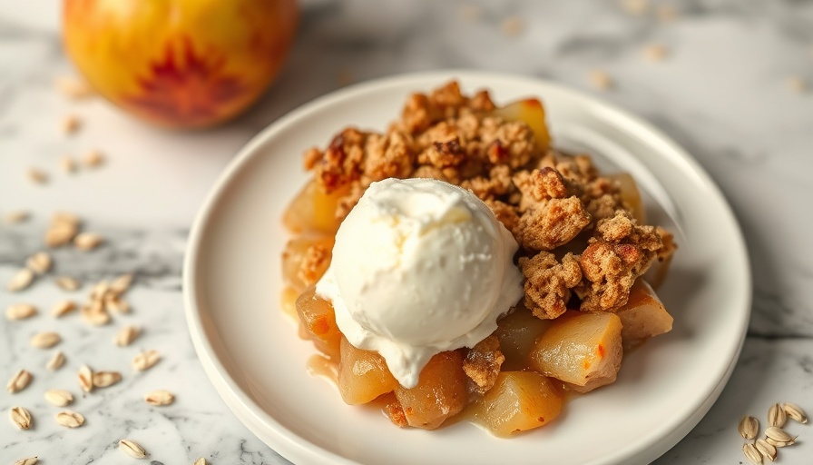 Easy apple crisp topped with ice cream on a white plate.