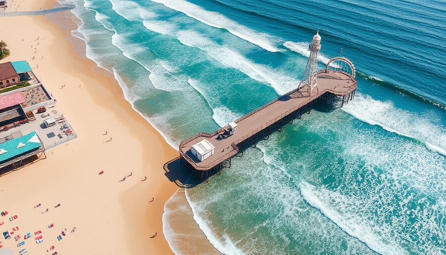 Santa Monica Pier aerial view with beach and ocean waves.