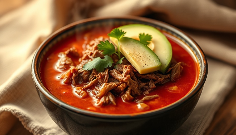 Delicious Instant Pot Pozole Rojo garnished with avocado and cilantro.