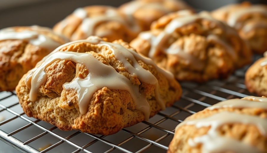 Apple scones with spiced glaze resting on a cooling rack.