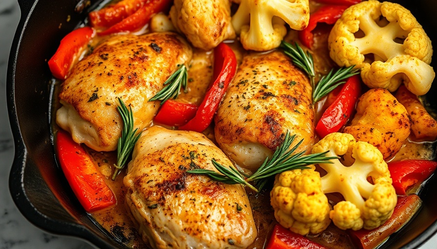 Low-carb chicken scarpariello with cauliflower and peppers in a skillet.