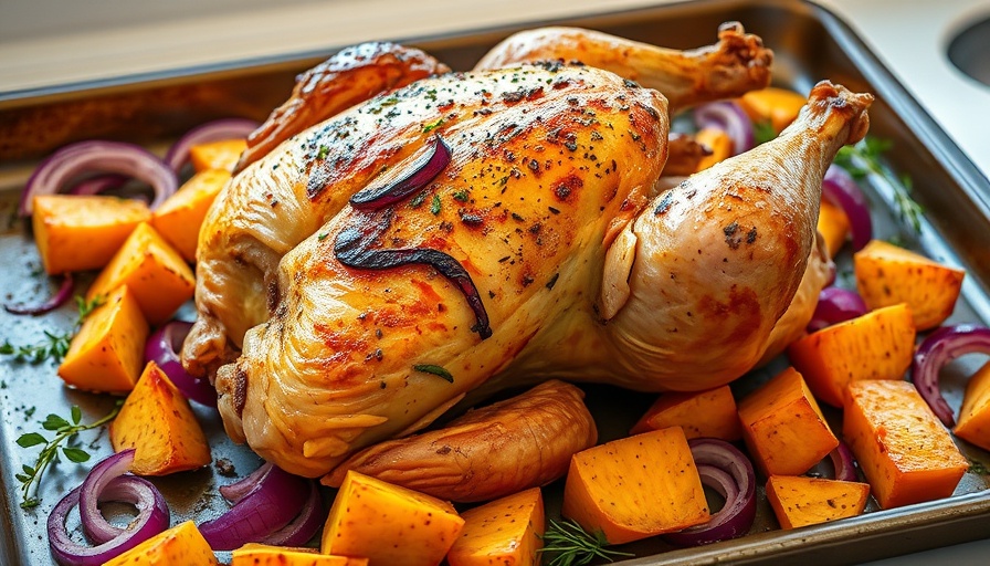 Spatchcock chicken with roasted sweet potatoes on a baking sheet.