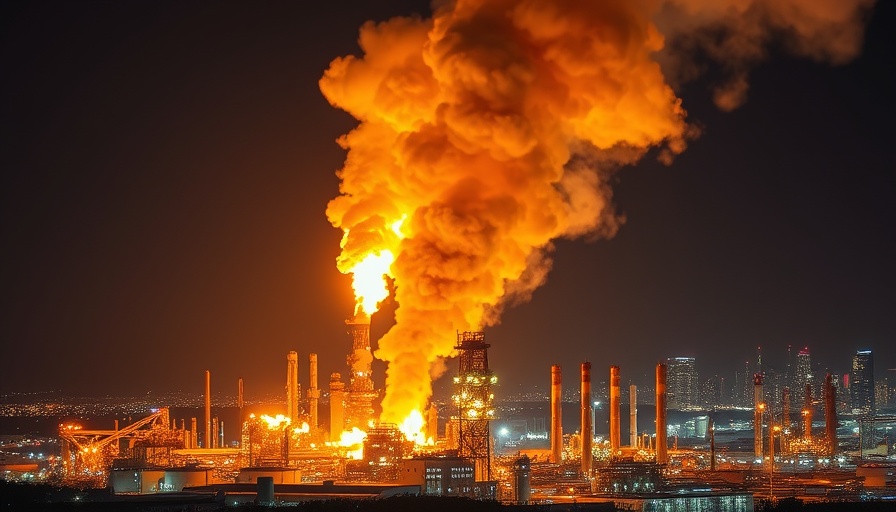 Chevron Refinery Fire in nighttime, cityscape illuminated by bright flames.