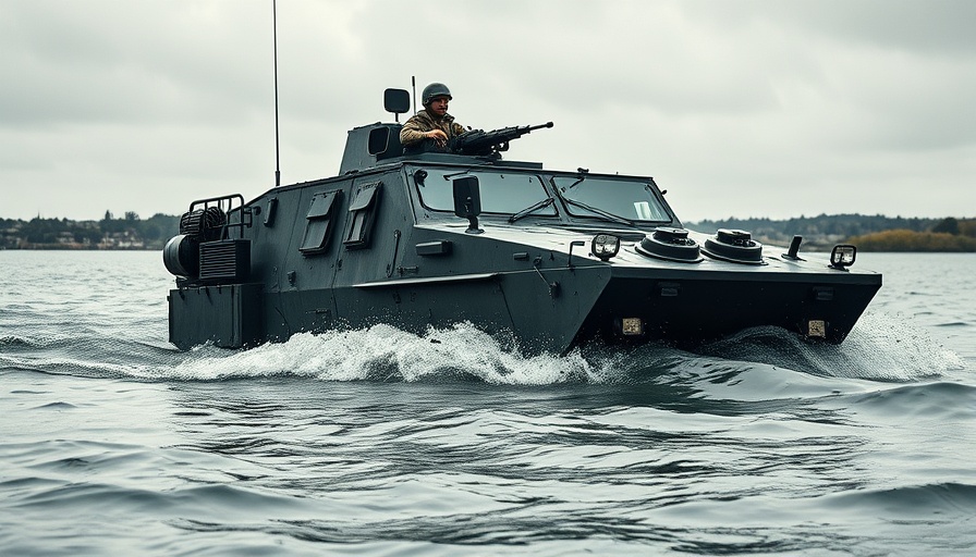 Assault Amphibious Vehicle retirement scene with vehicle emerging from water.