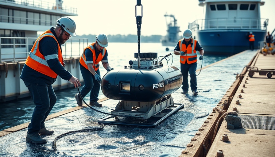 Industrial team deploying REMUS 620 unmanned undersea vehicle by dock.