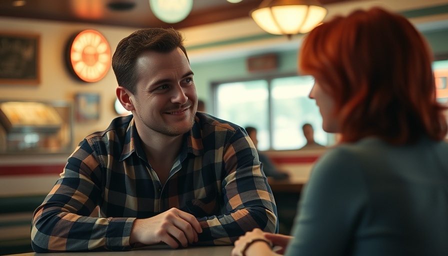 Scene from a retro diner with a man in a plaid shirt and a woman, Netflix Monster Lizzie Borden context.