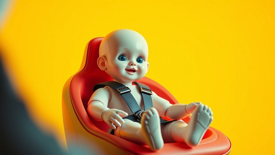 Illustration of a crash test dummy baby in a car seat, symbolizing gene-edited babies.
