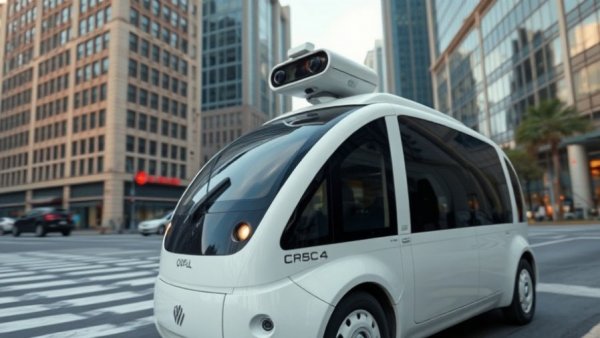 Sleek white autonomous vehicle navigating urban street with city buildings.