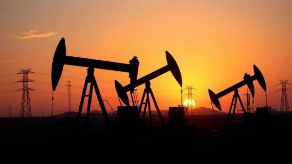 Oil pumps silhouetted against a California sunset, related to oil spill.