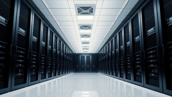 Expansive data center corridor with rows of server racks under uniform lighting.