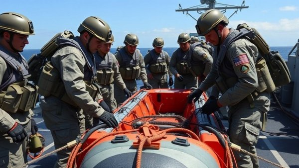 U.S. Navy strategies: personnel prepare lifeboat on ship.