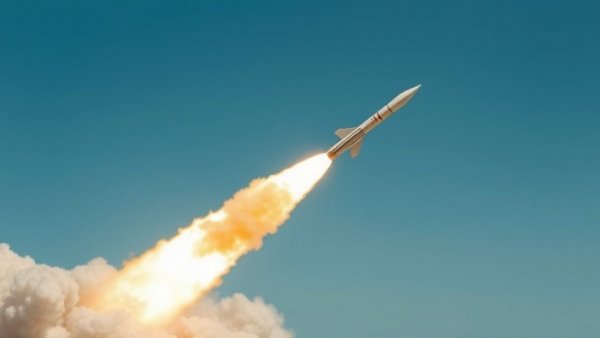 Ballistic missile launch with plume of smoke, clear blue sky.