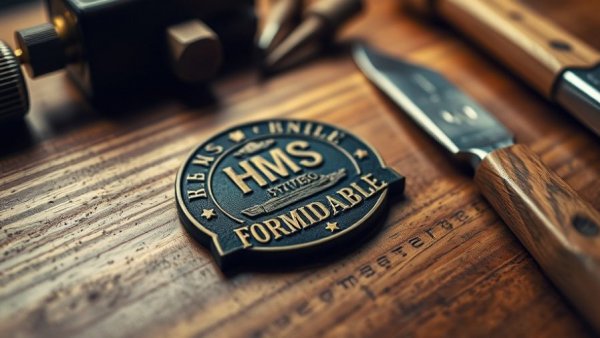 HMS Formidable Keel Laid insignia on wooden surface with tools, close-up.