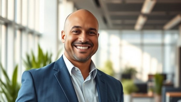 Confident man in modern office, highlighting sustainable GHG compliance.