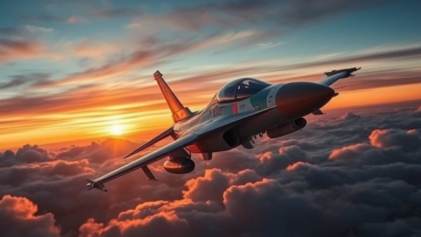 BAE Systems aircraft launches missile at sunset.
