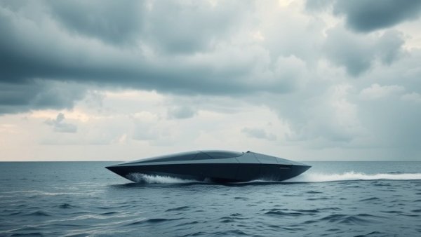 Futuristic unmanned surface vehicle using ROMULUS USV Technology navigating the ocean.
