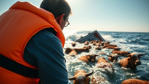 Life jacketed observer beside overturned livestock carrier in sunny waters.
