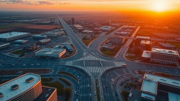 Cityscape with busy intersection and sunset, highlighting public spaces.