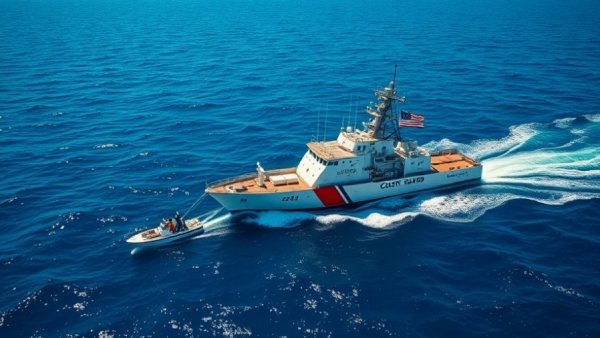 Coast Guard Cutter James counter-drug patrol on blue ocean.