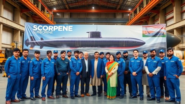 Indonesia Scorpène submarine program ceremony with workers and officials.