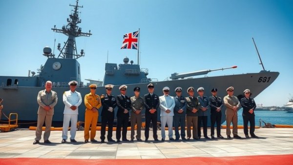 Military personnel in front of fast assault craft at ceremony.