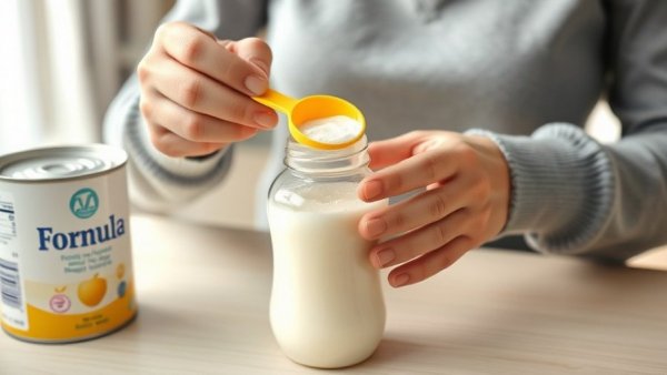 Close-up of baby formula preparation process with scoop and bottle.