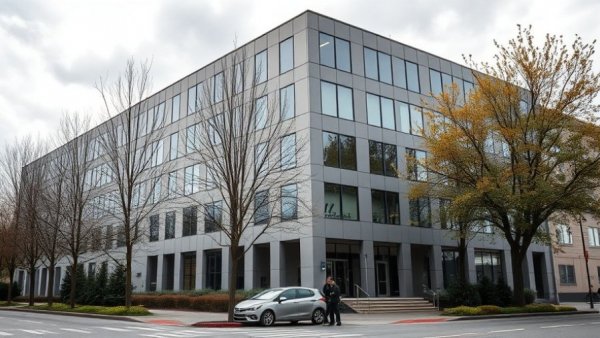 Modern building with trees and people discussing lawsuit