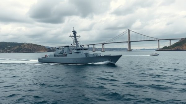 Naval ship and bridge under cloudy sky in Denmark