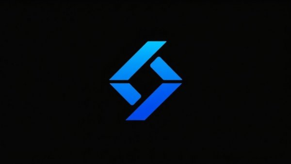 Modern blue geometric logo on black background, sleek design.